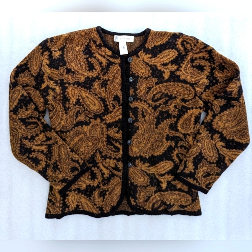 JONES New York Women's Wool Cardigan Size Medium Brown Black Paisley